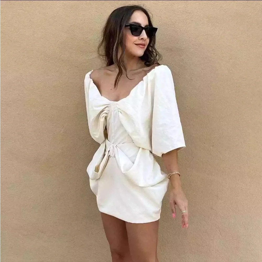 Zara Voluminous Bow Draped Bubble Mini Skirt White Size XS NWT